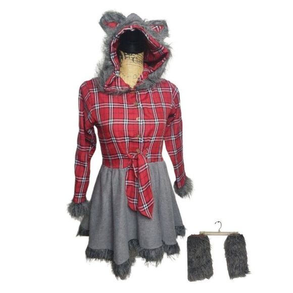 Girls Werewolf Costume Dress Hooded Red Plaid & Grey With Faux Fur Trim Tail Lg - Picture 1 of 9